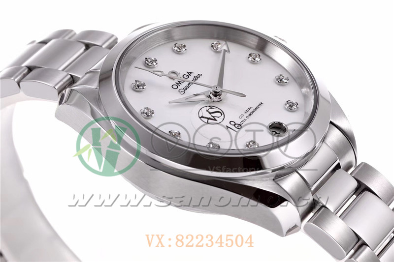 VS廠歐米茄海馬150女士腕表珍珠白貝盤產品展示